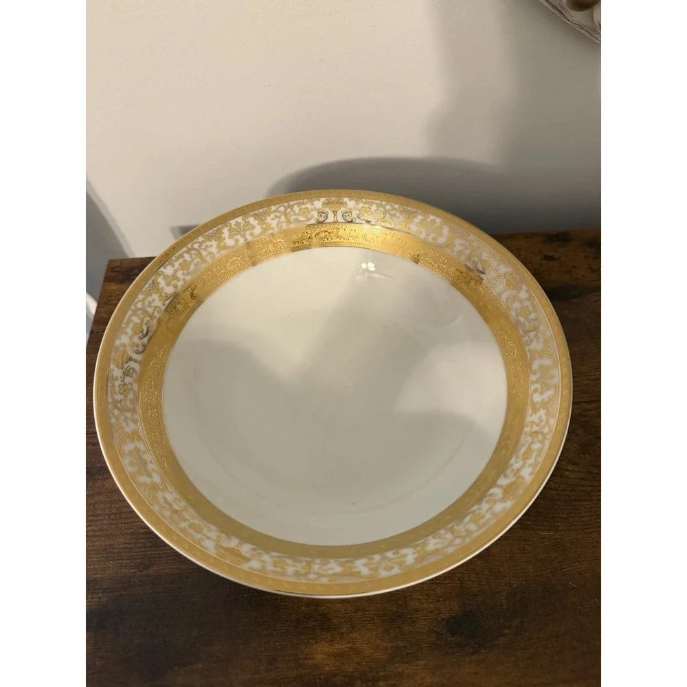 Vintage GNA Fine Porcelain GNA9 Gold Encrusted Rimmed Serving Bowl 9.5